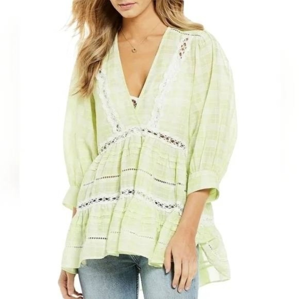 Free People Womens Babydoll‎ Cottagecore Peasant Blouse S Top Green Plaid Lace